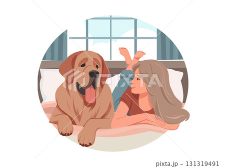 A beautiful woman and her favorite dog. She let it play with her on the bed without any disgust. The dog liked to be close to her. It looked very happy. 131319491