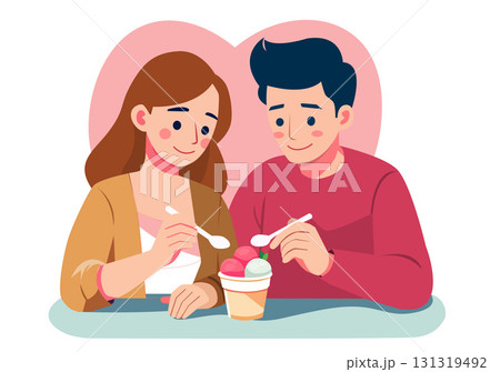 Flat illustration of a young man and woman eating ice cream together, developing a relationship by bonding and caring for each other. 131319492