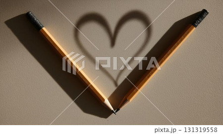鉛筆の影がつくるハート形 131319558