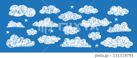 Dreamy white clouds with chalky texture. Hand drawn sky doodles for scrapbooking or clipart. Birthday decor. Vector illustration 131319791