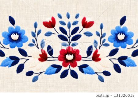 Intricate Polish embroidery design showcasing small floral and leafy motifs in a repeating border, inspired by traditional regional craftsmanship on a beige fabric backdrop. 131320018
