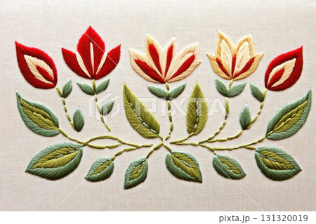This artwork showcases a rich Polish embroidery pattern with intricate floral and leafy motifs, reflecting traditional regional styles on a soft beige background. This artwork showcases a rich Polish embroidery pattern with intricate floral and leafy motifs, reflecting traditional regional styles on a soft beige background. 131320019