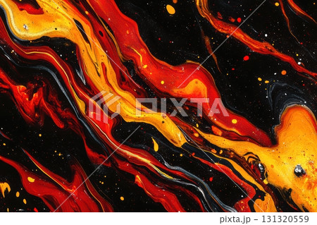 Bold swirls of red and gold create a dramatic abstract pattern on black background 131320559