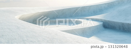 Snow-covered landscape features smooth curves and gentle slopes under soft sunlight 131320648