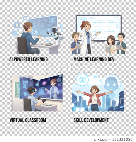 AI in business set. Characters using artificial intelligence generative tools to create social media post, presentation, content ideas. AI-powered marketing automation concept. illustration design AI in business set. Characters using artificial intelligence generative tools to create social media post, presentation, content ideas. AI-powered marketing automation concept. illustration design 131321050