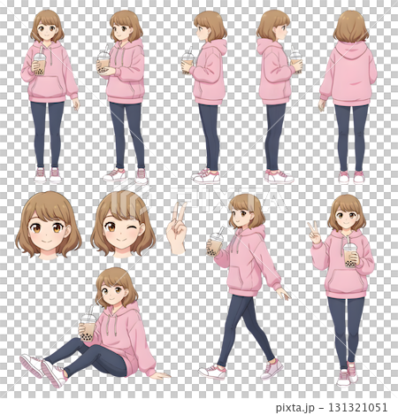 Teenage girl, blogger wearing hoodie and drinking bubble tea. Character constructor for animation. Front, side and back view set. Body parts, postures, poses collection. illustration design. Teenage girl, blogger wearing hoodie and drinking bubble tea. Character constructor for animation. Front, side and back view set. Body parts, postures, poses collection. illustration design. 131321051