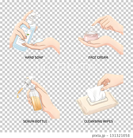 Characters hands holding various hygiene and skin care products, such as soap, cream, serum, wiped cleansing tissue. Beauty and skincare concept set. illustration design. Characters hands holding various hygiene and skin care products, such as soap, cream, serum, wiped cleansing tissue. Beauty and skincare concept set. illustration design. 131321058