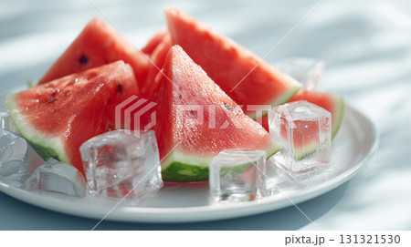 氷と一緒に盛ったスイカの三角カット 氷と一緒に盛ったスイカの三角カット 131321530