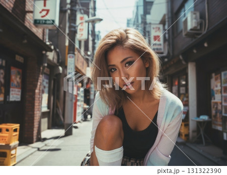 ギャル系ファッションの若い女性たち　80年代90年代風ストリートスタイル 131322390