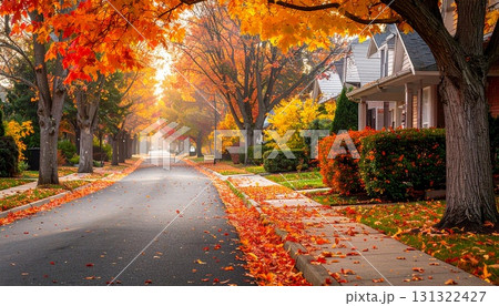 住宅街の通り、歩道に散る落ち葉、温かく居心地の良い秋の雰囲気 住宅街の通り、歩道に散る落ち葉、温かく居心地の良い秋の雰囲気 131322427