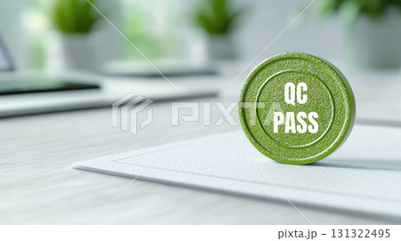 Green QC PASS token on desk, symbolizing quality control success Green QC PASS token on desk, symbolizing quality control success 131322495