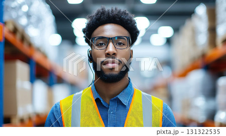 Warehouse manager wearing glasses and safety vest in storage area Warehouse manager wearing glasses and safety vest in storage area 131322535