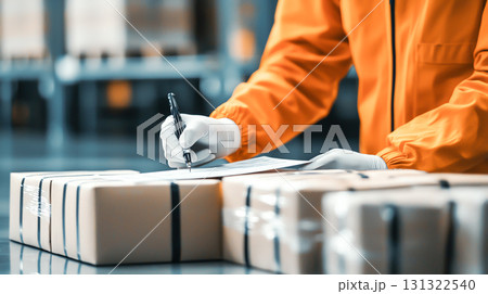 Efficient worker checking packages and invoices in warehouse setting 131322540