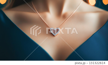 Elegant heart shaped necklace glistens on woman neckline, exuding charm Elegant heart shaped necklace glistens on woman neckline, exuding charm 131322614