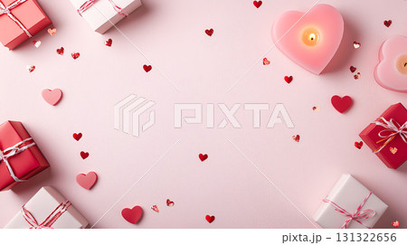 Beautifully arranged gifts and heart decorations create festive atmosphere 131322656