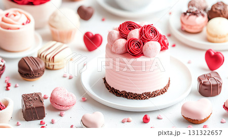 Delicious Valentine themed desserts on table, featuring pink cake and chocolates 131322657