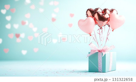 beautiful gift box with heart shaped balloons for Valentine Day 131322658