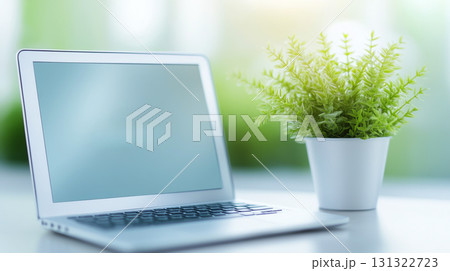 Modern laptop and green plant on desk, creating fresh workspace atmosphere 131322723