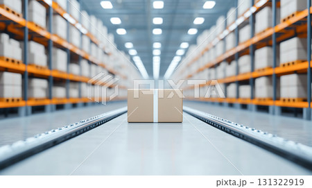 package in automated warehouse with shelves and storage space 131322919