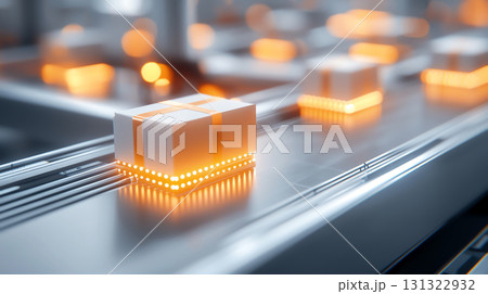 Automated conveyor system sorting packages with glowing lights 131322932