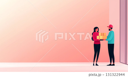 Delivery driver handing packages to customer in modern setting 131322944