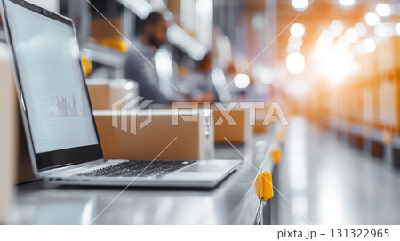 Efficient workspace with laptop in busy warehouse environment Efficient workspace with laptop in busy warehouse environment 131322965
