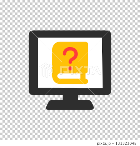 Book and question mark computer screen icon to indicate learning or wondering 131323048