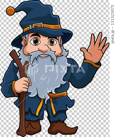 Cartoon Wizard with Staff,Waving Hand 131323072