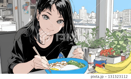 食事の最中もスマホを手放せない若い女性