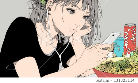 食事の最中もスマホを手放せない若い女性