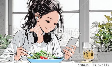 食事の最中もスマホを手放せない若い女性
