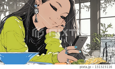 食事の最中もスマホを手放せない若い女性