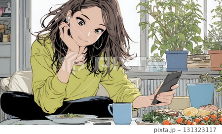 食事の最中もスマホを手放せない若い女性