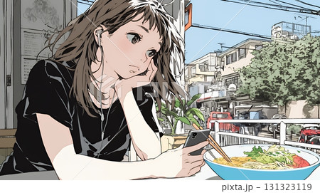 食事の最中もスマホを手放せない若い女性