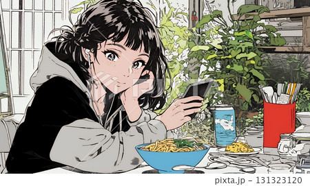 食事の最中もスマホを手放せない若い女性