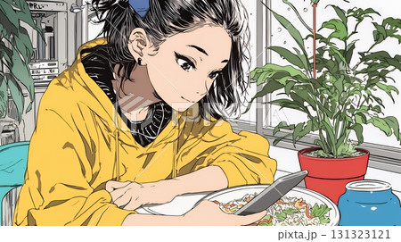 食事の最中もスマホを手放せない若い女性