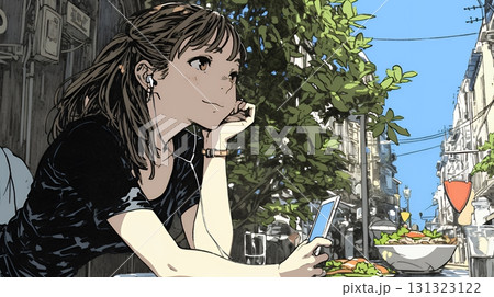 食事の最中もスマホを手放せない若い女性