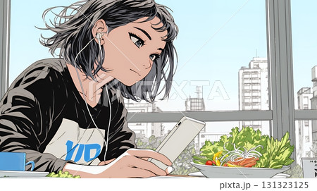 食事の最中もスマホを手放せない若い女性