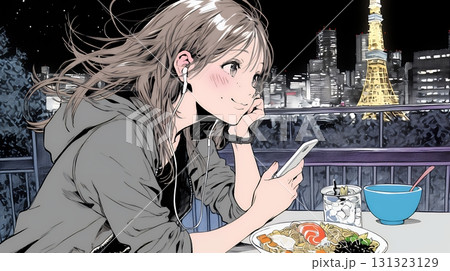 食事の最中もスマホを手放せない若い女性 食事の最中もスマホを手放せない若い女性 131323129