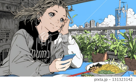 食事の最中もスマホを手放せない若い女性 食事の最中もスマホを手放せない若い女性 131323142