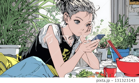 食事の最中もスマホを手放せない若い女性