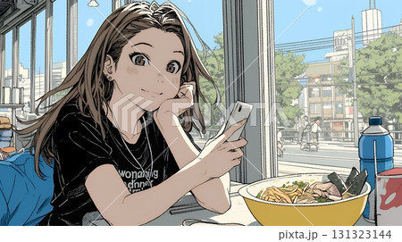 食事の最中もスマホを手放せない若い女性 食事の最中もスマホを手放せない若い女性 131323144