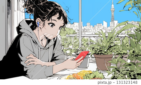 食事の最中もスマホを手放せない若い女性