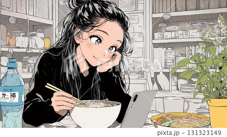 食事の最中もスマホを手放せない若い女性