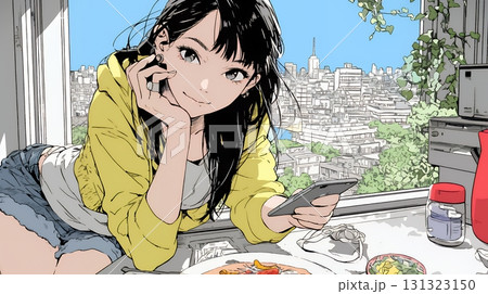 食事の最中もスマホを手放せない若い女性 食事の最中もスマホを手放せない若い女性 131323150