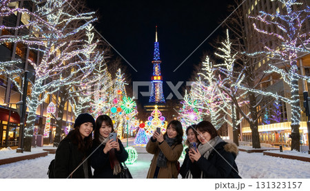 冬のイルミネーションと雪景色を楽しむ人々 札幌の観光とライフスタイル 冬のイルミネーションと雪景色を楽しむ人々 札幌の観光とライフスタイル 131323157