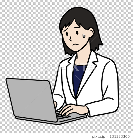 A young woman in a white coat working on a PC (troubled) A young woman in a white coat working on a PC (troubled) 131323300