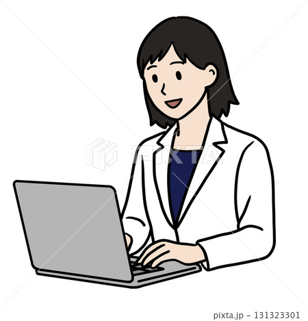 PC作業する白衣の若い女性(笑顔) PC作業する白衣の若い女性(笑顔) 131323301