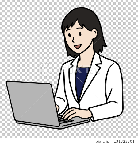 PC作業する白衣の若い女性(笑顔) PC作業する白衣の若い女性(笑顔) 131323301
