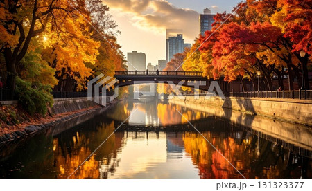 都市の川、両岸に秋色の木々、橋と水面に映る黄金色の光 都市の川、両岸に秋色の木々、橋と水面に映る黄金色の光 131323377